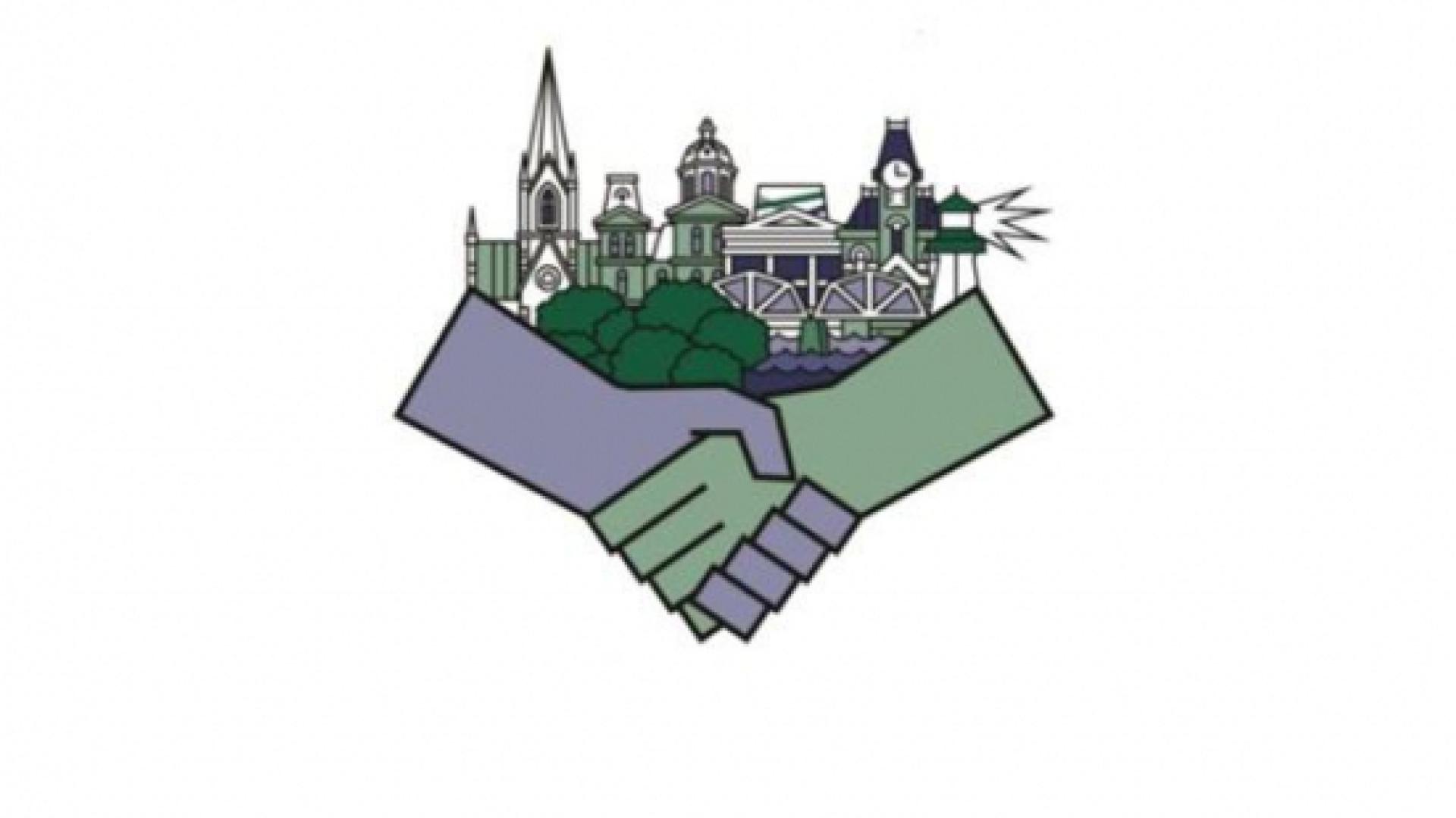 Illustration of two hands shaking hands in front of a city hall