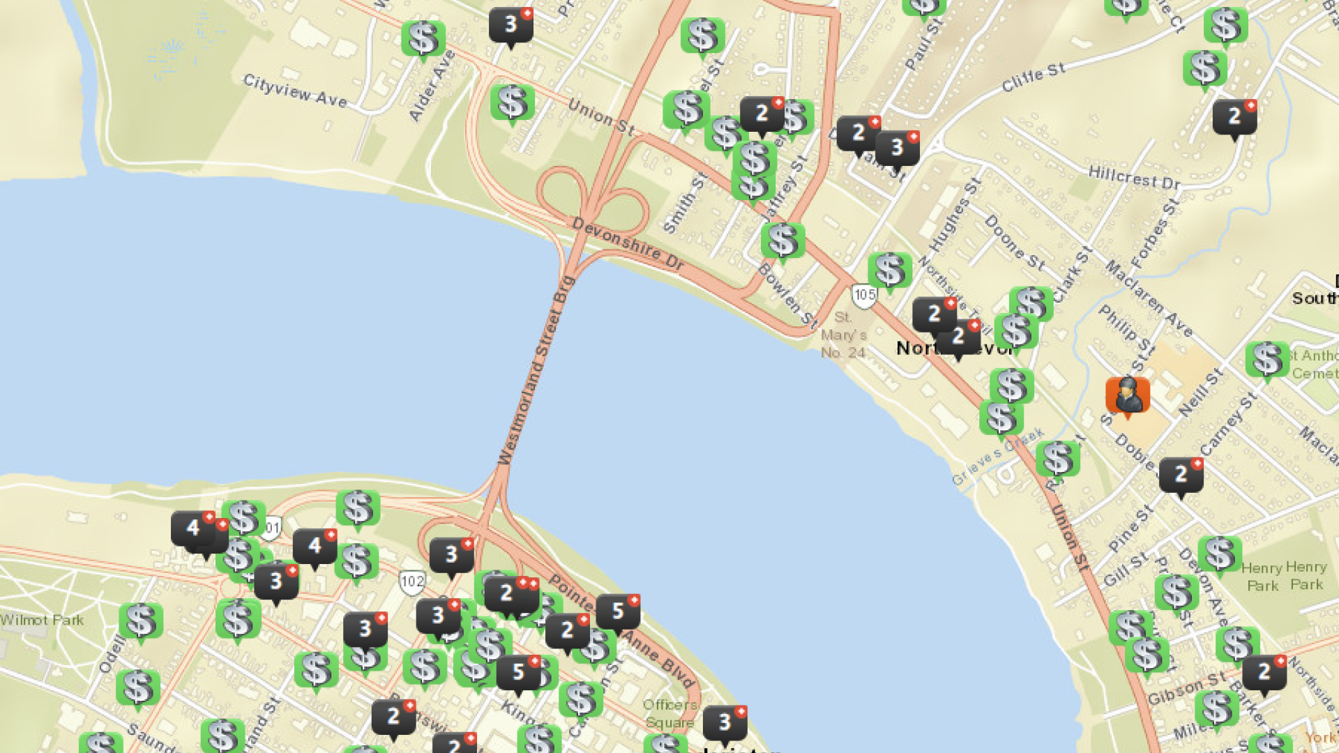 Map of Fredericton indicating reports of theft