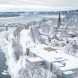 city of Fredericton landscape with bridge and river during the winter