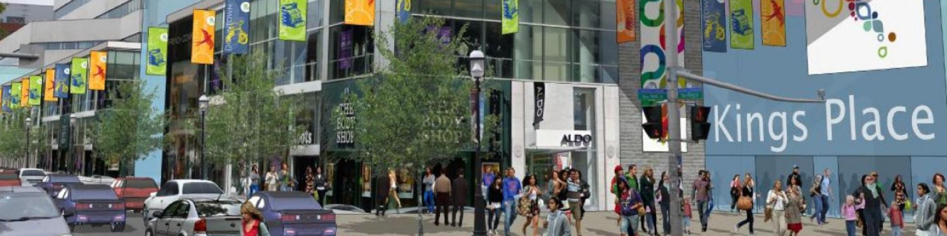 Exterior of crowded Kings Place digital mockup.