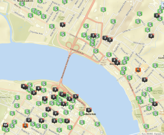Map of Fredericton indicating reports of theft