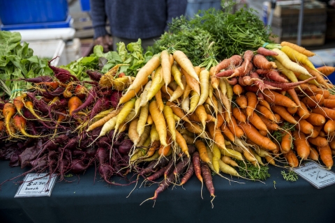 Spread of different coloured carrots on table