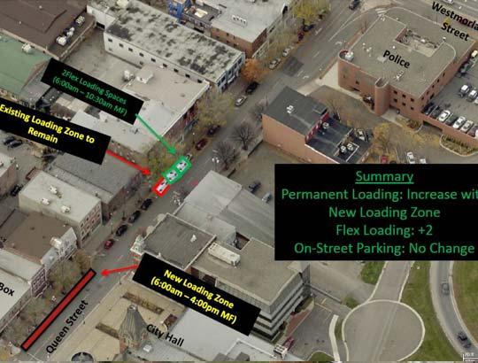 Aerial view of York Street to Wesmorland Street marking parking and loading zones.